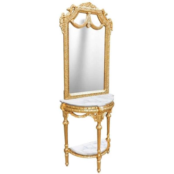 Barock Louis XVI- Halbkreis-Konsole - Spiegel+Konsole - Gold - Weißer Marmor - Klassische Möbel - Wohnzimmermöbel - MACE