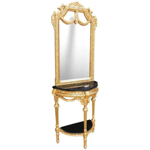 Barock Louis XVI- Halbkreis-Konsole - Spiegel+Konsole - Gold - Weißer Marmor - Klassische Möbel - Wohnzimmermöbel - MACE