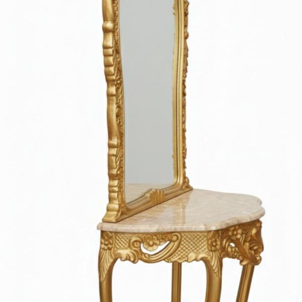 MACE Heritage – Baroque Console Mirror with Beige Marble Top in Antique Gold