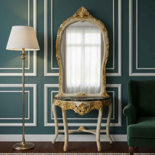 Barocke Konsole - Stil Louis XVI - Klassische Möbel - Weiß/Goldfarbe - Beigefarbener Marmor - MACE