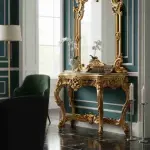 MACE-Barock-Gold-Konsole-Handgefertigt-Massivholz-Spiegel-Beige Marmorplatte-Wohnzimmer-Halle-Klassikmöbel-H 225cm