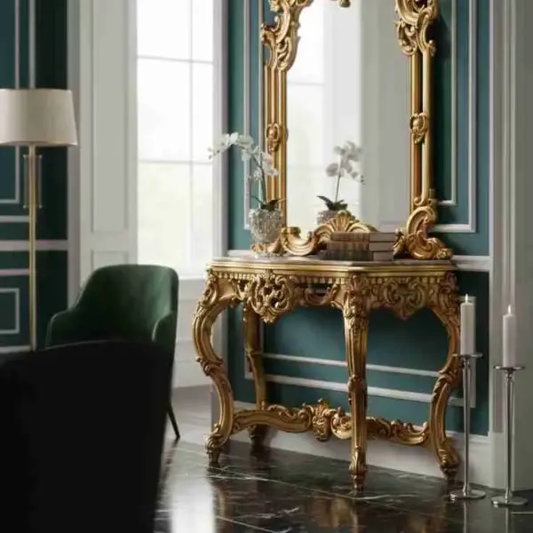 MACE-Barock-Gold-Konsole-Handgefertigt-Massivholz-Spiegel-Beige Marmorplatte-Wohnzimmer-Halle-Klassikmöbel-H 225cm