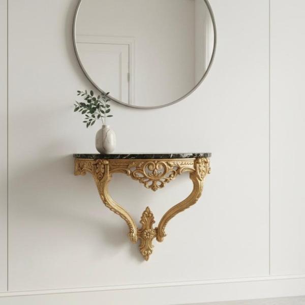MACE Heritage – Barocke Wandkonsole mit schwarzer Naturmarmorplatte, Goldfinish und Louis-XV-Einfluss