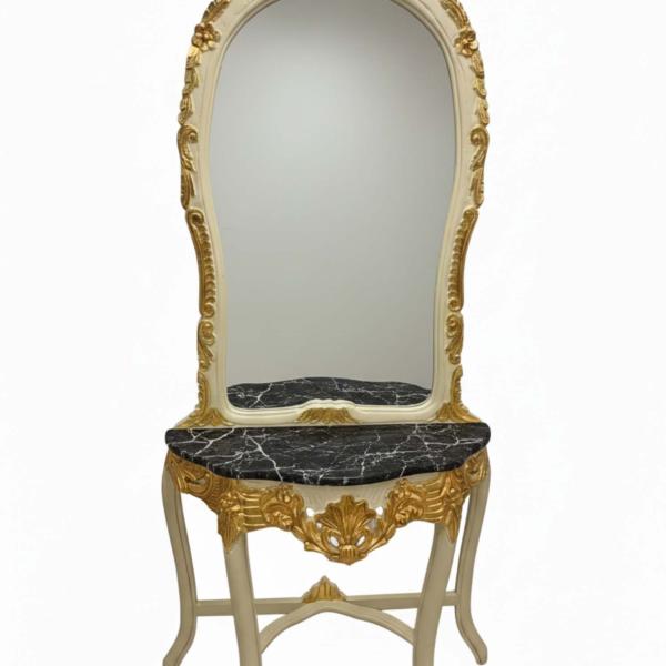 Barocke Konsole - Stil Louis XVI - Klassische Möbel - Weiß/Goldfarbe - Beigefarbener Marmor - MACE