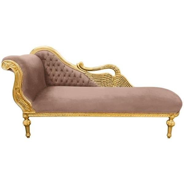 Baroque large swan chaise lounge - Taupe velvet fabric - Gold wood frame - Handmade - MACE