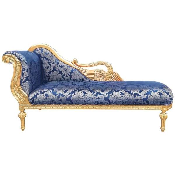 Baroque large swan chaise lounge - Blue goblins satin fabric - Gold wood frame - Handmade - MAC