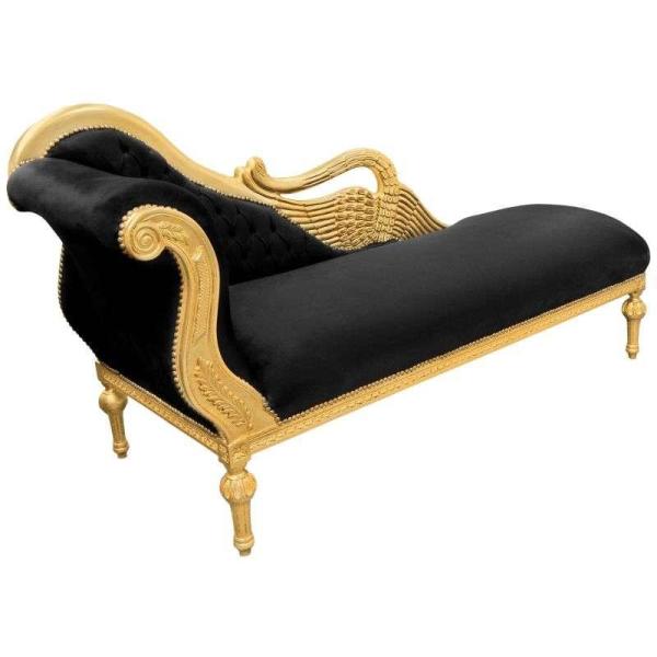 Baroque large swan chaise lounge - Black velvet fabric - Gold wood frame - Handmade - MAC