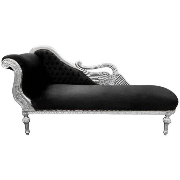 Baroque large swan chaise lounge - Black velvet fabric - Silver wood frame - Handmade - MAC