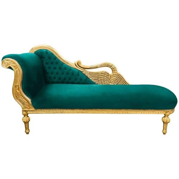 Baroque large swan chaise lounge - Green velvet fabric - Gold wood frame - Handmade - MAC