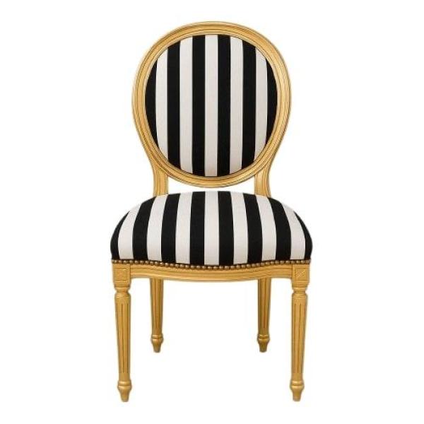 Mace Heritage Baroque Louis XVI Dining Chair – Black & White Stripes & Gold Frame