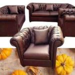 Chesterfield set style - Braunes deutsches Kunstleder - Dunkelbraune Farbe - Dreisitzer - Zweisitzer + Ein Sessel - Möbel für Wohnzimmer - Bürozimmer