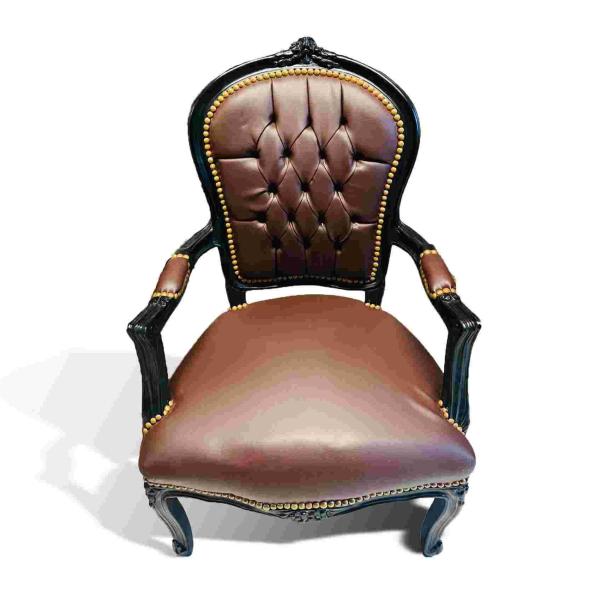 Baroque Armchair - Louis XV Style - Black Frame - Brown Faux Leather - Dining Room Armchair - Living Room Furniture - Classic Furniture - MACE