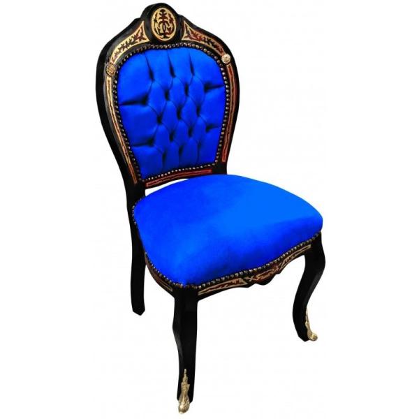 Barock Stil Napoleon III - Esszimmerstuhl - Intarsien - Schwarz/Blau/Messing - Klassische Möbel - Esszimmermöbel - Blauer Samtstoff - MACE