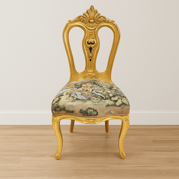 MACE Handmade Baroque Chair – Louis XV Style | Gold Frame with Romeo & Juliet Tapestry