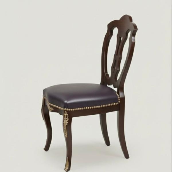 MACE Heritage – Louis XV Baroque Chair in Brown Beechwood with Dark Faux Leather Seat and Brass Details