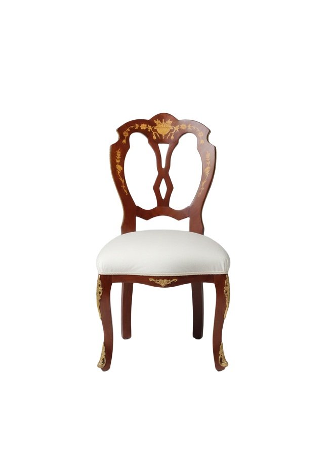 MACE Heritage – Louis XV Baroque Chair with Lyre Back, Inlay Detail, White Upholstery and Gold Accents