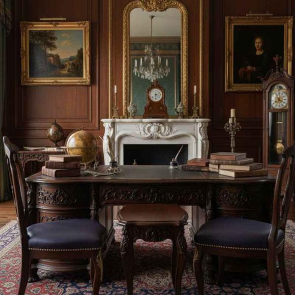 MACE Heritage – Louis XV Baroque Chair in Brown Beechwood with Dark Faux Leather Seat and Brass Details