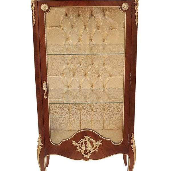 Baroque rococo style - Vitrine - Brown/Brass - Gold satin fabric back - Beige marble - Three shelves - Classic furniture - Living room furniture - 156cm - MACE