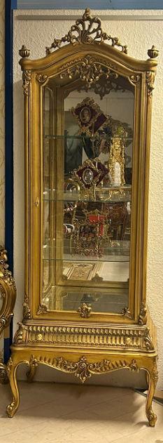 MACE-Barock-Goldvitrine-Drei Glasböden-Eine Schublade-Spiegelrückwand-Klassische Möbel- Wohnzimmer und Flur-210cm