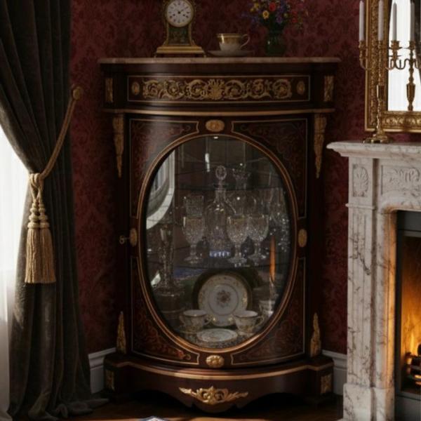 MACE Heritage - Barocke Eckvitrine mit Holzintarsien aus Massivholz, Glasfront & handgefertigten Messingdetails