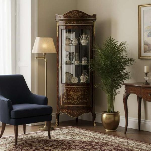 MACE Heritage – Barocke Eckvitrine mit Intarsien – Glasvitrine aus Massivholz