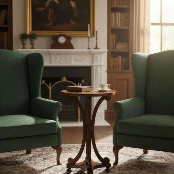 MACE-English side table - Brown color - Solid wood - Handmade - Marquetry - Diameter 55cm