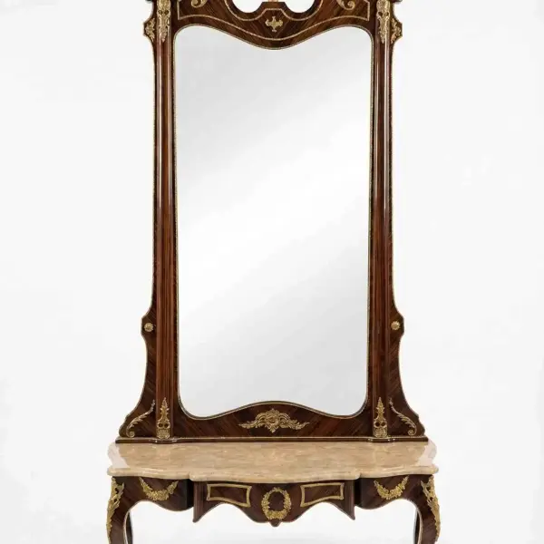 MACE Heritage – Grand Baroque Console Table with Oversized Mirror in Mahogany Look & Brass Details – 217cm