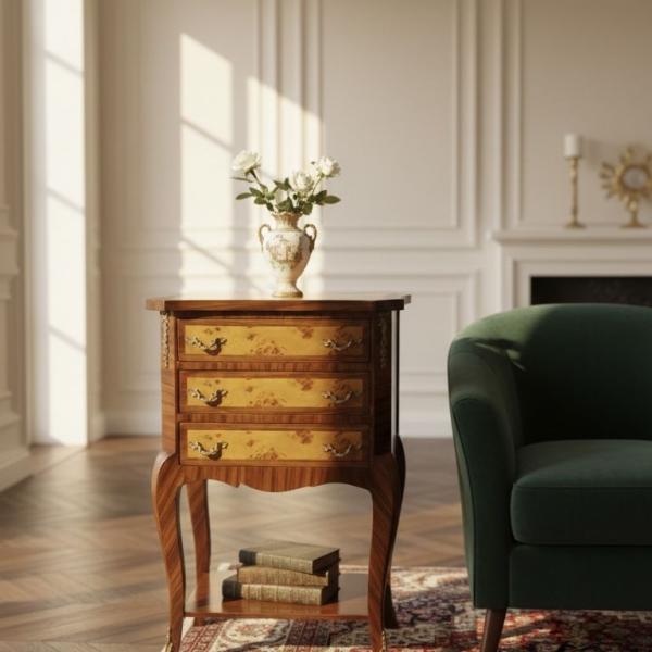MACE Heritage – Baroque Bedside Table in Solid Wood with 3 Drawers and Decorative Metal Hardware