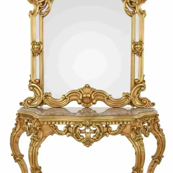 MACE-Barock-Gold-Konsole-Handgefertigt-Massivholz-Spiegel-Beige Marmorplatte-Wohnzimmer-Halle-Klassikmöbel-H 225cm