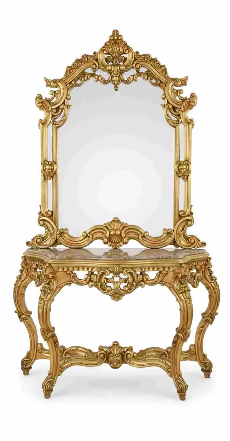 MACE-Barock-Gold-Konsole-Handgefertigt-Massivholz-Spiegel-Beige Marmorplatte-Wohnzimmer-Halle-Klassikmöbel-H 225cm