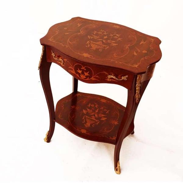 MACE - Barque Louis XV side table - Rectangle shape - Brown color - Brass - One drawer -One shelf - Marquetry