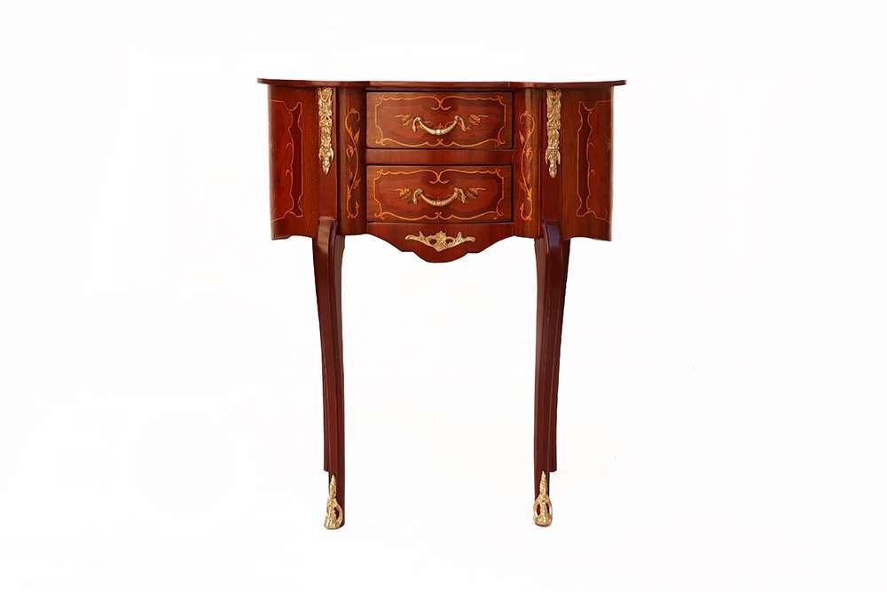 MACE- Barockstil Louis XVI - Nierenförmiger Beistelltisch - Zwei Schubladen - Intarsien - Farbe braun - Messing