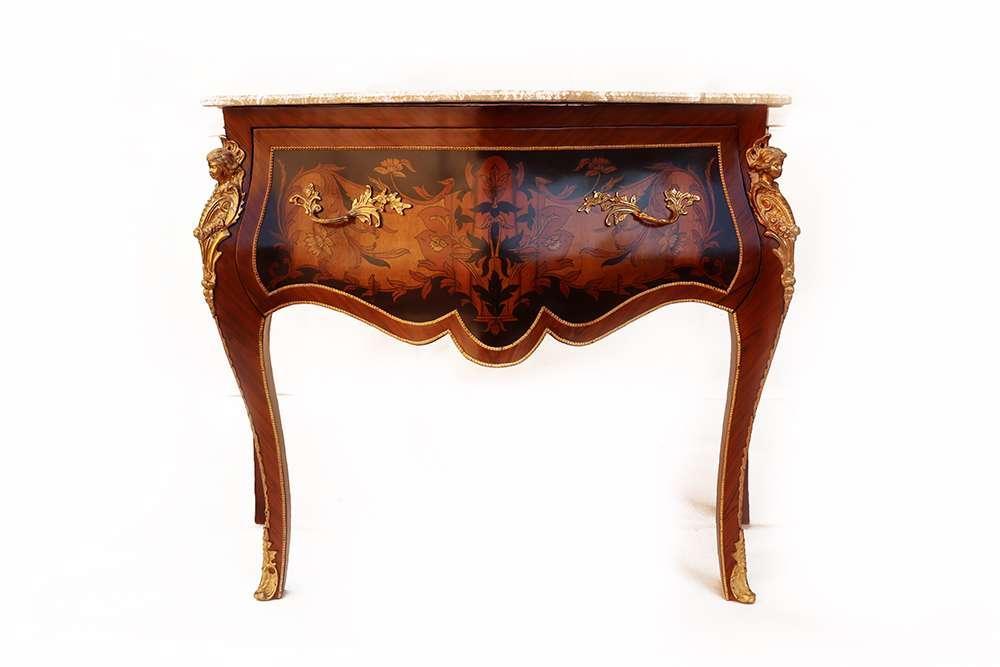 Barockkommode Louis XV- Braun - Messing - Intarsien - Beige Marmor - Klassische Möbel - 115cm - MACE