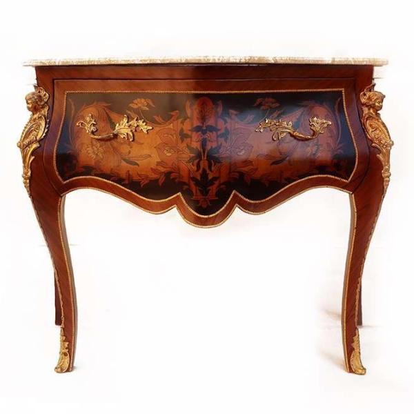 Barockkommode Louis XV- Braun - Messing - Intarsien - Beige Marmor - Klassische Möbel - 115cm - MACE