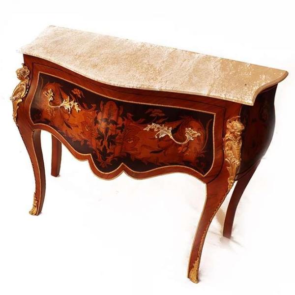 Barockkommode Louis XV- Braun - Messing - Intarsien - Beige Marmor - Klassische Möbel - 115cm - MACE