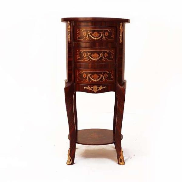 MACE - Barque Louis XV side table - Round shape - Brown color - Bras - Three small drawers - Marquetry - Diameter cm38