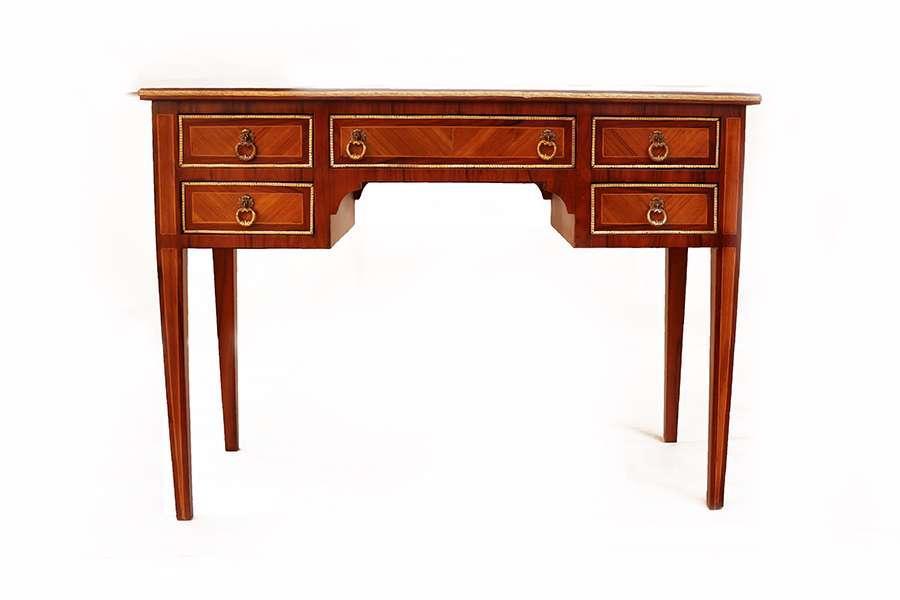 Baroque Inlaid Writing Desk with Leather Top and Five Drawers