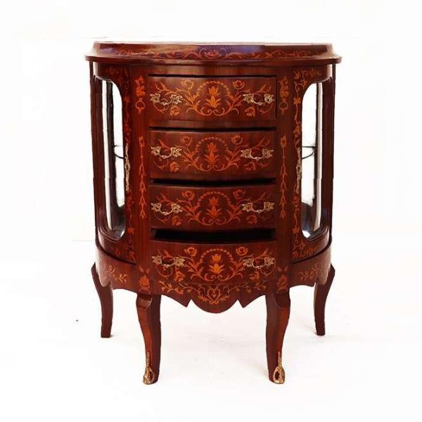 MACE - Barocke Anrichte/Kommode im Louis xv Stil - Braun/Messing - Vier Schubladen - Beige Marmor - Zwei Glastüren