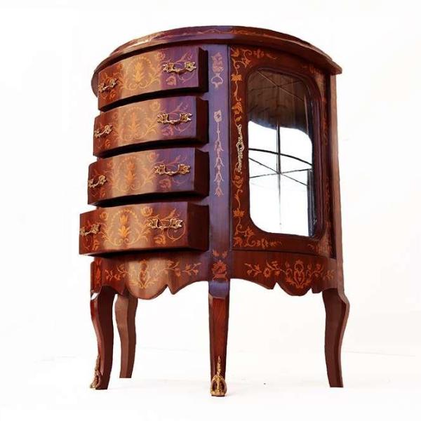 MACE - Barocke Anrichte/Kommode im Louis xv Stil - Braun/Messing - Vier Schubladen - Beige Marmor - Zwei Glastüren