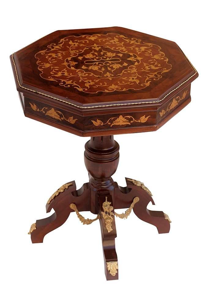 MACE - Barocker Beistelltisch im Stil Louis XV - Sechseckiger Beistelltisch - Farbe braun - Messing - Intarsien - Durchmesser 60cm