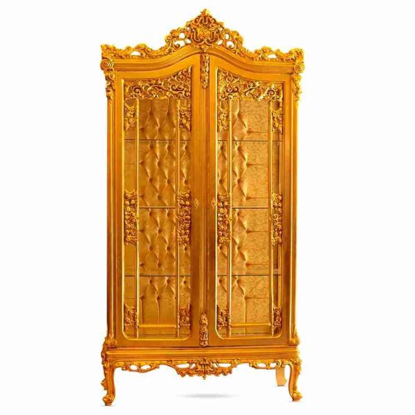Vitrine im Barockstil - Glas - Gold - 4 Einlegeböden - Rückenlehne aus goldsatiniertem Stoff - MACE