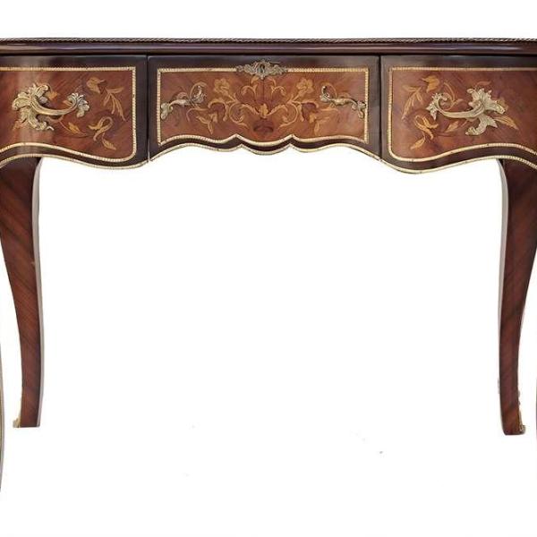 Luxeriöser Schreibtisch im Barockstil Louis XV., verziert mit Holzmosaiken und hochwertiger Kupferlegierung, nierenförmig