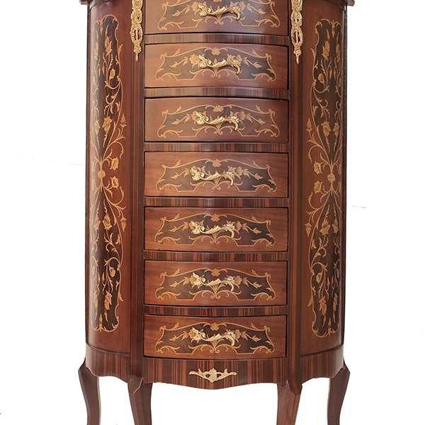 Halbrunde Kommode im Barockstil - Intarsien - Braune Farbe - Beige Marmor - Goldmessing - Klassische Wohnmöbel LOUIS XVI - MACE