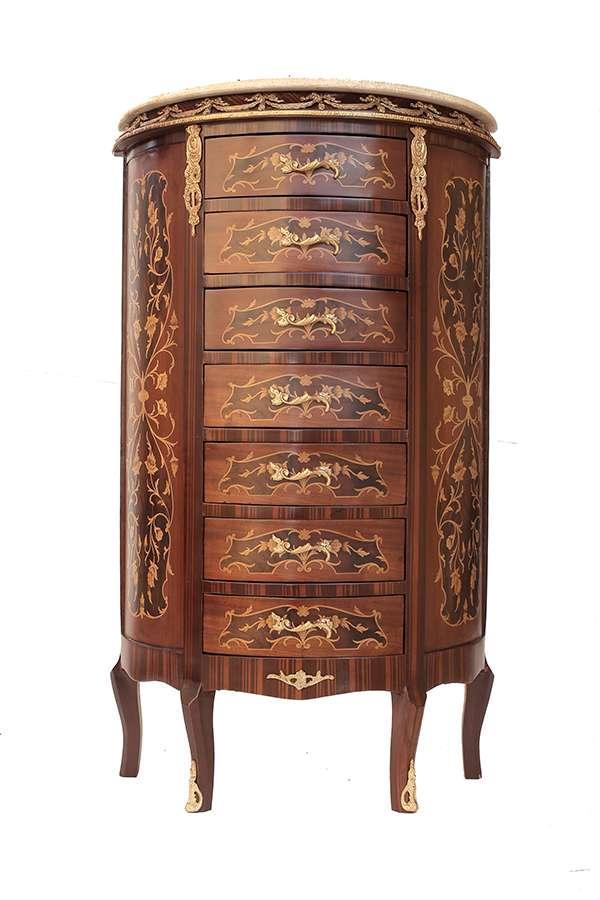 Halbrunde Kommode im Barockstil - Intarsien - Braune Farbe - Beige Marmor - Goldmessing - Klassische Wohnmöbel LOUIS XVI - MACE