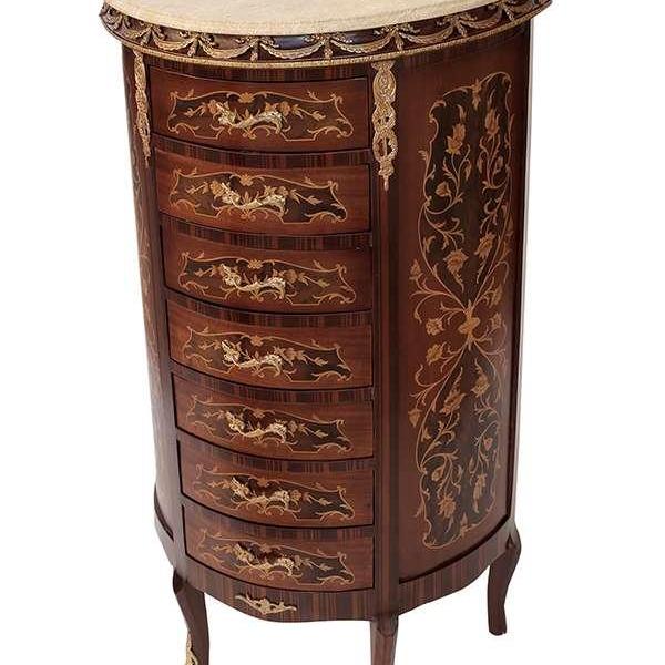 Halbrunde Kommode im Barockstil - Intarsien - Braune Farbe - Beige Marmor - Goldmessing - Klassische Wohnmöbel LOUIS XVI - MACE
