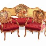 Barocke Salongarnitur im Stil Louis XV - Ölfarbe - Roter Samtstoff - Einzigartige Möbel - Wohnzimmermöbel - Sofa+Zwei Sessel - Klassische Möbel -MACE