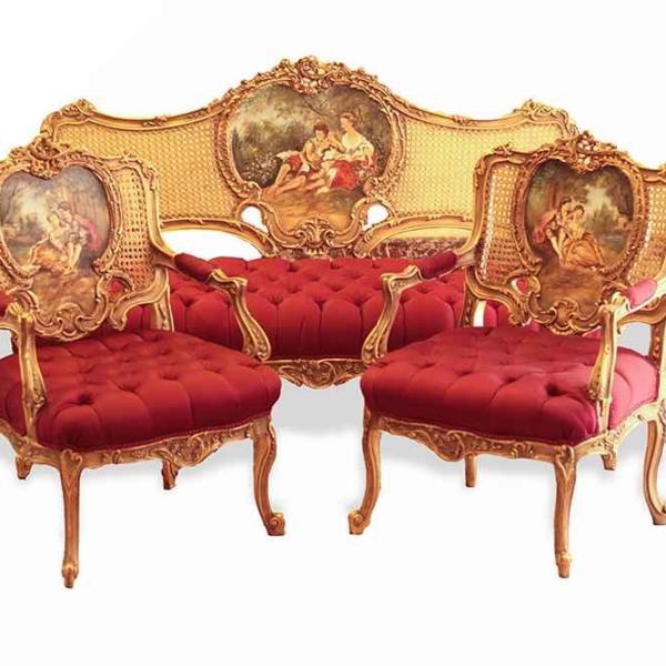 Barocke Salongarnitur im Stil Louis XV - Ölfarbe - Roter Samtstoff - Einzigartige Möbel - Wohnzimmermöbel - Sofa+Zwei Sessel - Klassische Möbel -MACE
