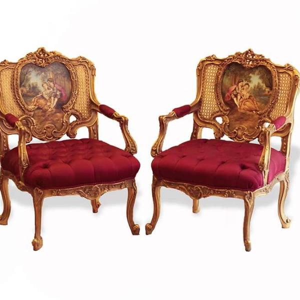 Barocke Salongarnitur im Stil Louis XV - Ölfarbe - Roter Samtstoff - Einzigartige Möbel - Wohnzimmermöbel - Sofa+Zwei Sessel - Klassische Möbel -MACE