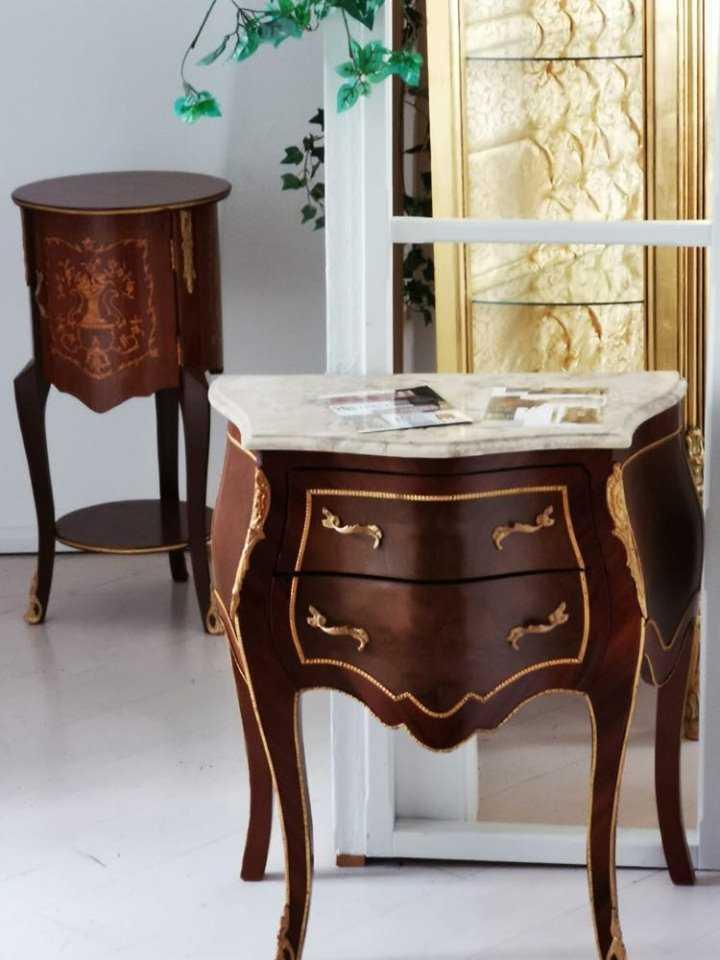 MACE Heritage – Baroque Style Side Table & Small Commode in Solid Beechwood with Marble Top and Copper Accents