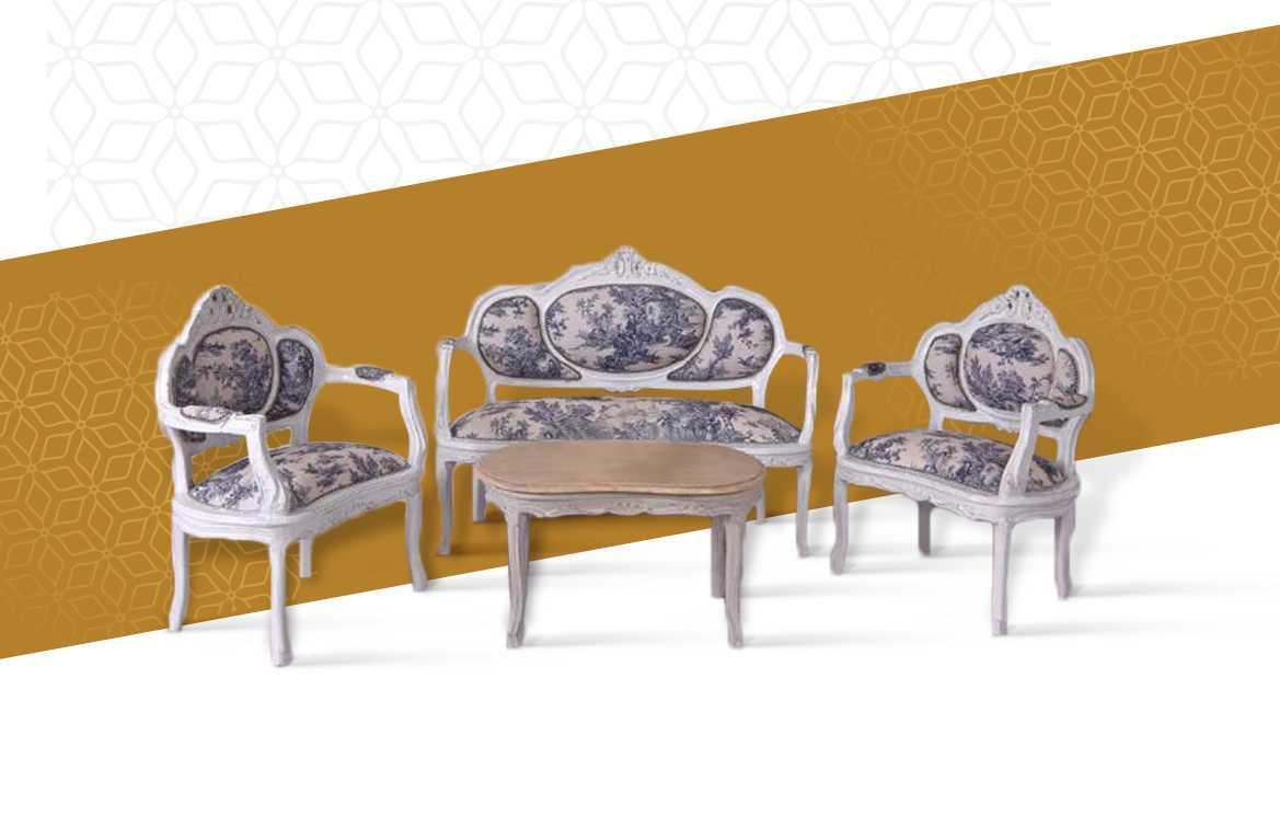 Salongarnitur Barock-Stylex - 4 Personen - Zweisitzer-Sofa+Zweisitzer-Sessel - Weiß/Blaue Rose - Wohnzimmer - Büro - Rezeption - MACE Marvellous